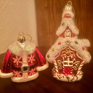 Christopher Radko "Celebrations" series Santa's Coat and a gingerbread ornament